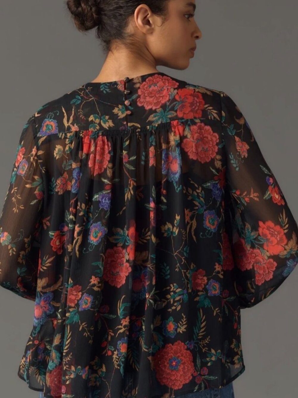 Maeve XL Black Floral Semi Shear Lined Long Sleeve Blouse EUC - Picture 2 of 9